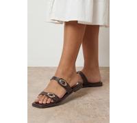 Oasis Women's Bettie Double Buckle Strap Faux Leather Flat Sandals in Chocolate | Size: 3