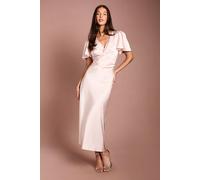Oasis Women's Blush Satin Twist Front Angel Sleeve Midi Bridesmaid Dress | Size: 8