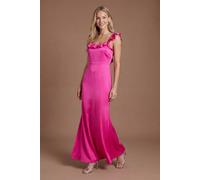 Oasis Women's Bright Pink Ruffle Square Neck Satin Bridesmaid Maxi Dress | Size: 16