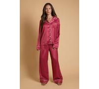 Oasis Women's Burgundy Spot Long Sleeve Satin Printed Nightwear Set | Size: Large
