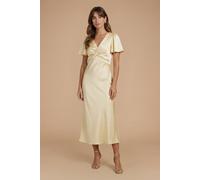 Oasis Women's Butter Yellow Satin Twist Front Angel Sleeve Midi Bridesmaid Dress | Size: 14