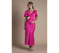 Oasis Satin Twist Front Angel Sleeve Midi Bridesmaid Dress In Bright Pink bright pink 6
