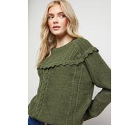 Oasis Women's Cable Knitted Crochet Trim Detail Jumper in Khaki | Size: Small Oasis Khaki S