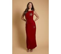 Oasis Women's Celestial Velvet Embellished Midaxi Dress in Cranberry | Size: 14