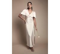 Oasis Women's Champagne Satin Twist Front Angel Sleeve Midi Bridesmaid Dress | Size: 10