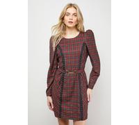 Oasis Women's Checked Belted Crew Neck Mini Dress in Burgundy | Size: 8
