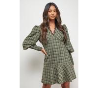 Oasis Women's Checked Lace Neck Puff Sleeve Mini Dress in Green | Size: 6