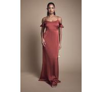 Oasis Cold Shoulder Satin Bridesmaid Midaxi Dress, 14, Rust