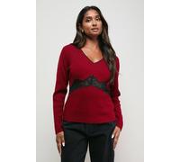 Oasis Women's Contrast Lace V Neck Knitted Top in Wine | Size: Medium