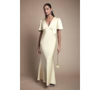 Oasis Women's Deep V Fluted Sleeve Maxi Bridesmaid Dress in Butter | Size: 14