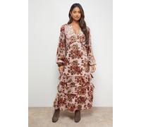 Oasis Women's Devore Tiered Puff Sleeve Midi Tea Dress in Rose | Size: 8