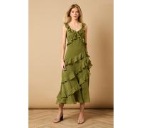 Oasis Women's Dobby Ruffle V Neck Tiered Midi Dress in Khaki | Size: 14 Oasis Khaki 14