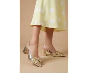 Oasis Women's Dorinda Faux Metallic Leather Bow Slingback Block Heeled Shoes in Gold | Size: 8