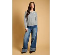 Oasis Women's Embroidered Collar Button Detail Jumper in Grey | Size: Large
