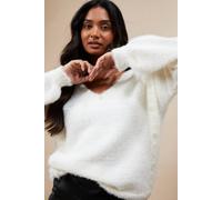 Oasis Women's Eyelash Knitted Pearl Embellished V Neck Jumper in Ivory | Size: Medium