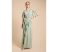 Oasis Women's Floral Embellished Mesh Angel Sleeve Maxi Dress in Sage | Size: 14 Oasis Sage 14