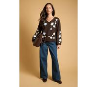 Oasis Women's Floral Embroidered V Neck Knitted Jumper in Brown | Size: Medium