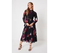 Oasis Women's Floral Lace Trim Dobby Chiffon Tiered Midaxi Dress in Black | Size: 16
