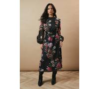 Oasis Women's Floral Organza Shirred Waist Tie Back Midi Dress in Black | Size: 8