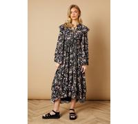 Oasis Women's Floral Printed Drawstring Waist Midi Dress in Black | Size: 12