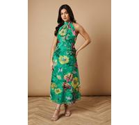 Oasis Women's Floral Satin Burnout Halterneck Midi Dress in Green | Size: 8