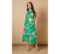 Oasis Women's Floral Satin Burnout Halterneck Midi Dress in Green | Size: 8