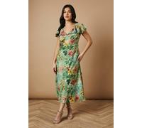 Oasis Women's Floral Satin Burnout Ruffle Midi Dress in Sage | Size: 14