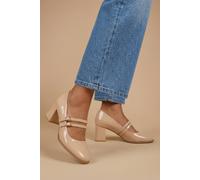 Oasis Women's Gemma Faux Patent Leather Medium Block Heel Mary Janes in Nude | Size: 4