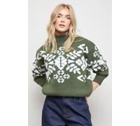 Oasis Women's Geo Print High Neck Cosy Knitted Jumper in Khaki | Size: Medium Oasis Khaki M