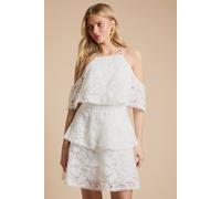 Oasis Women's Halter Tiered Mini Dress With Cold Shoulder in Ivory | Size: 6