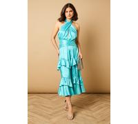 Oasis Women's Halterneck Satin Jacquard Midi Dress in Aqua | Size: 14 Oasis Aqua 14
