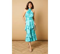 Oasis Women's Halterneck Satin Jacquard Midi Dress in Aqua | Size: 16