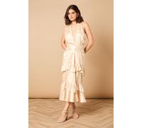 Halterneck Satin Jacquard Midi Dress Oasis Champagne 16