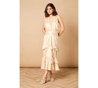 Oasis Women's Halterneck Satin Jacquard Midi Dress in Champagne | Size: 8 Oasis Champagne 8
