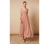 Oasis Women's Hand Embellished Floral Detail Tulle Midi Dress in Dusky Pink | Size: 12 Oasis Dusky Pink 12