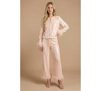 Oasis Women's Hen High Waisted Sequin Feather Trim Trouser in Champagne | Size: 12