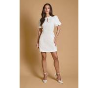 Oasis Women's Hen Jacquard Puff Sleeve Mini Dress with bows in Ivory | Size: 12