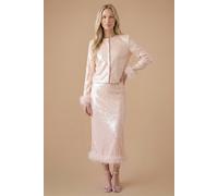 Oasis Women's Hen Sequin Feather Trim Midi Skirt in Champagne | Size: 18