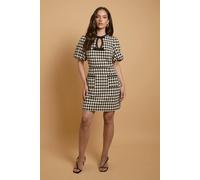 Oasis Women's Houndstooth Puff Sleeve Mini Dress with bows in Mono | Size: 16 Oasis Mono 16