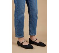Oasis Women's Jem Satin Flower Brooch Detail MaryJane Ballet Pumps Flat in Black | Size: 3