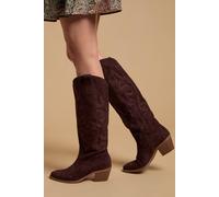 Oasis Women's Jess Faux Suede Embroidered Western Knee Boots in Chocolate | Size: 3 Oasis Chocolate 3