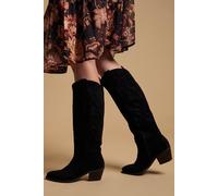 Oasis Women's Jess Faux Suede Embroidered Western Knee Boots in Natural Black | Size: 3