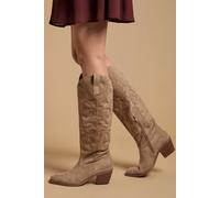 Oasis Women's Jess Faux Suede Embroidered Western Knee Boots in Taupe | Size: 3