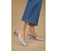 Oasis Women's Katelynn Faux Leather Woven Slingback Block Heel Court Shoes in Silver | Size: 4