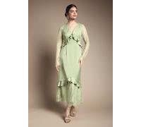 Oasis Women's Lace Panel Detail Frill Hem Midi Dress in Sage | Size: 6