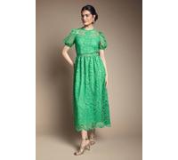 Oasis Women's Lace Puff Sleeve Fit & Flare Midi Dress in Green | Size: 10