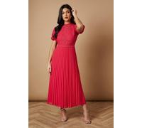 Oasis Women's Lace Puff Sleeve Pleated Midi Dress in Hot Pink | Size: 12