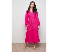 Oasis Women's Lace Puff Sleeve V Neck Midaxi Dress in Fuchsia | Size: 14