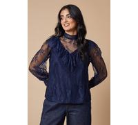 Oasis Women's Lace Ruffle Neck Blouse in Navy | Size: 12