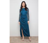 Oasis Women's Lace Sleeve Split Front Satin Midaxi Dress in Teal | Size: 10 Oasis Teal 10